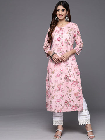 Varanga Women Pink Floral Printed With V Neck And Three Quater Sleeve Straight Kurta Rs Vkur1865